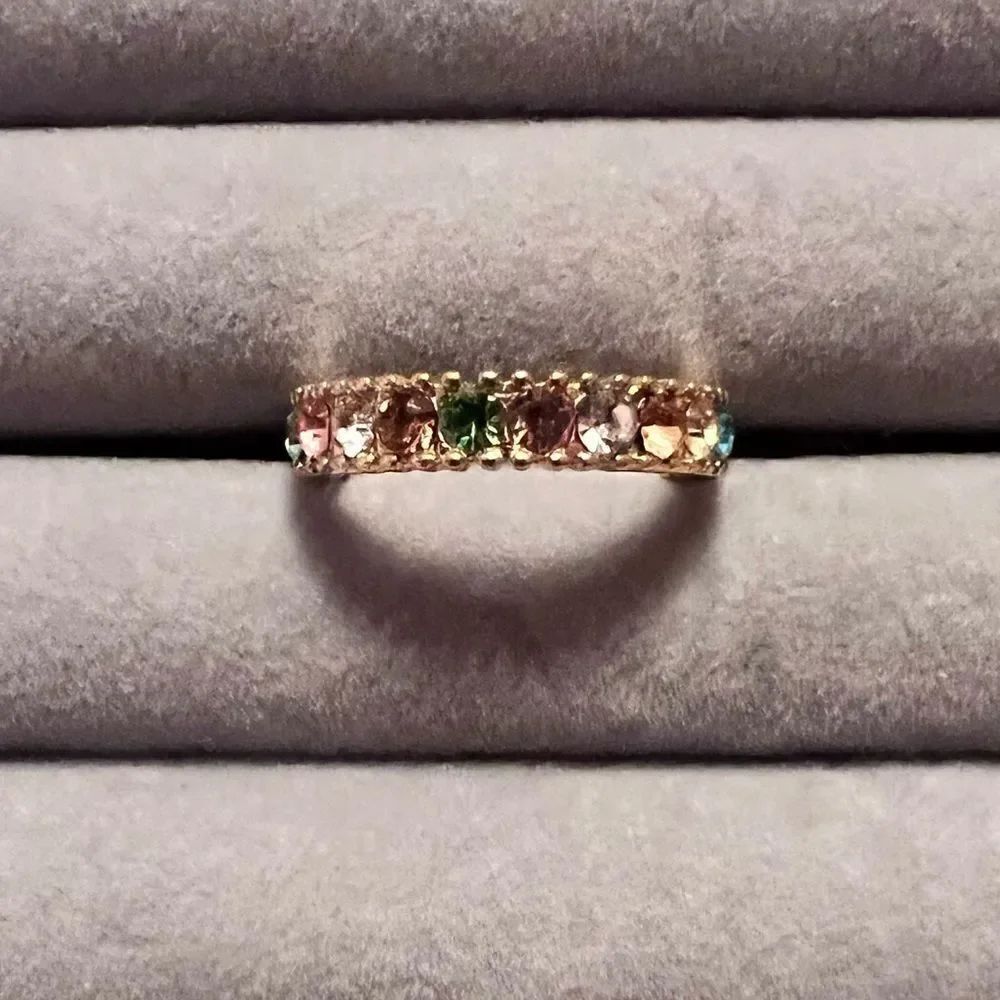 NEW Gold Tone Multicolor Crystal Ring Pink White Green And Blue